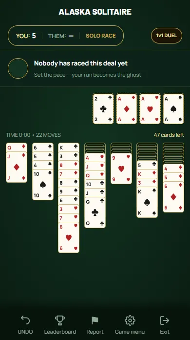 Alaska Solitaire — Every Ace home and the Two of clubs on its Ace.