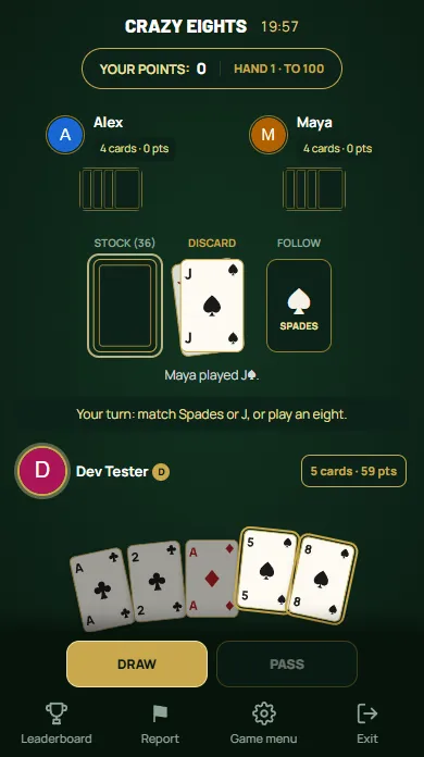 Crazy Eights — Your turn: the cards that match the top card are lifted and outlined in gold.
