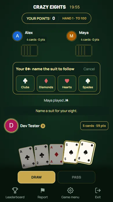 Crazy Eights — Playing an eight: name the suit the next player must follow.
