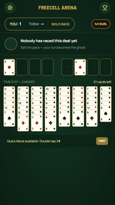 FreeCell — An eight of hearts held in a free cell opens the column.