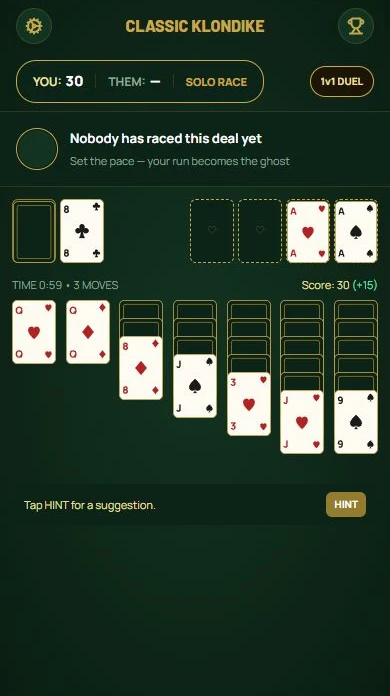 Classic Solitaire — Two aces on the foundations after three moves.