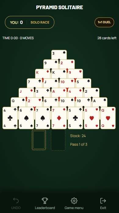 Pyramid Solitaire — The pyramid and its uncovered bottom row.