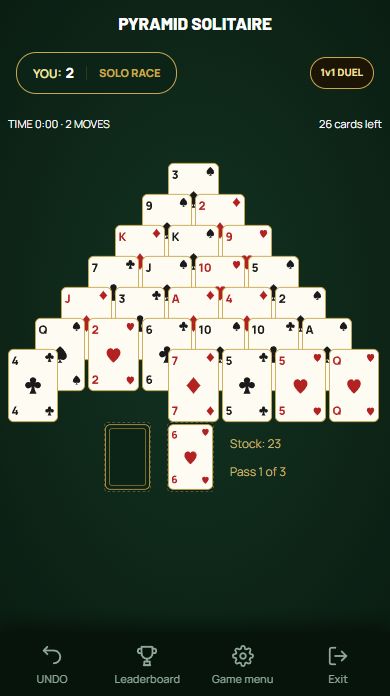 Pyramid Solitaire — Pairing exposed cards to make thirteen.