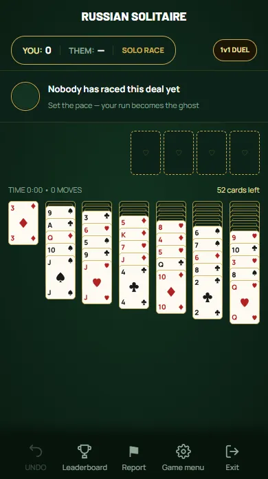 Russian Solitaire — Russian Solitaire: Yukon’s deal, built down in the same suit.