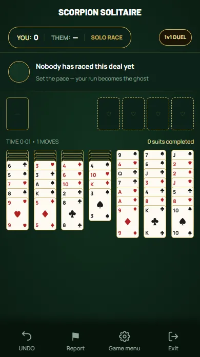 Scorpion Solitaire — The reserve dealt: one card on each of the first three columns.