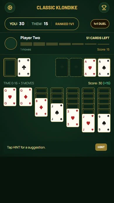 Solitaire Duel — A second ace reaches a foundation while the score updates.