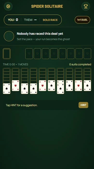 Spider Solitaire — Spider: build a descending sequence in the tableau.