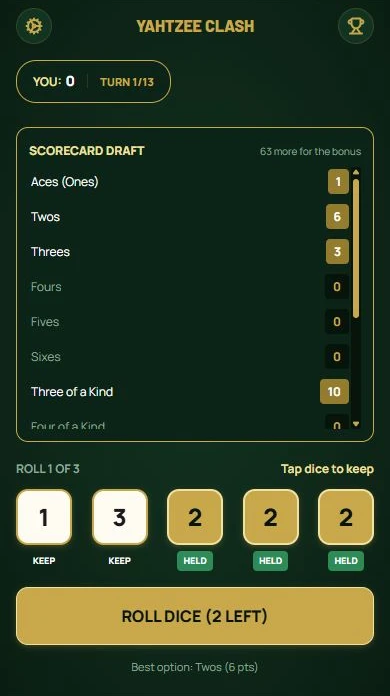 Yacht Dice — Keep three twos and reroll the other dice.