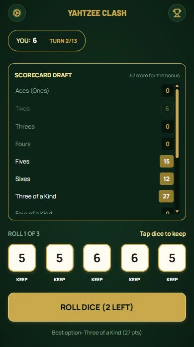 Yacht Dice — Six points recorded for twos; the next turn begins.