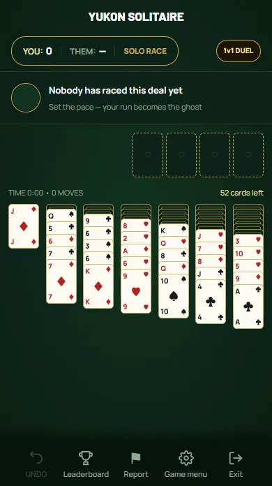 Yukon Solitaire — Yukon: every card dealt, five face up on each column after the first.