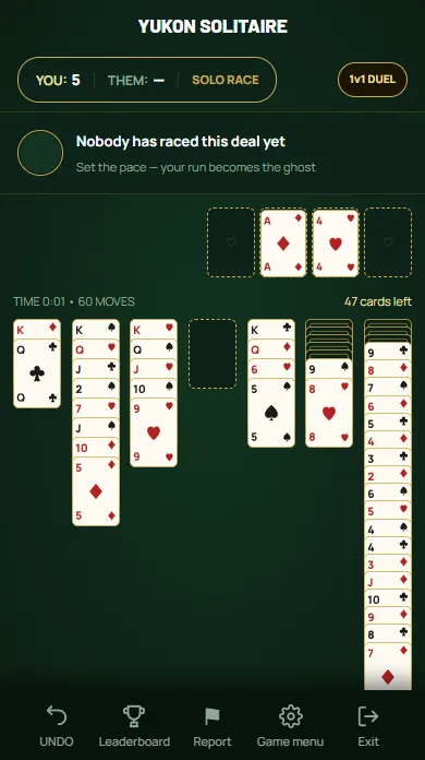 Yukon Solitaire — An empty column waiting for a King, and a long column built in alternating colours.