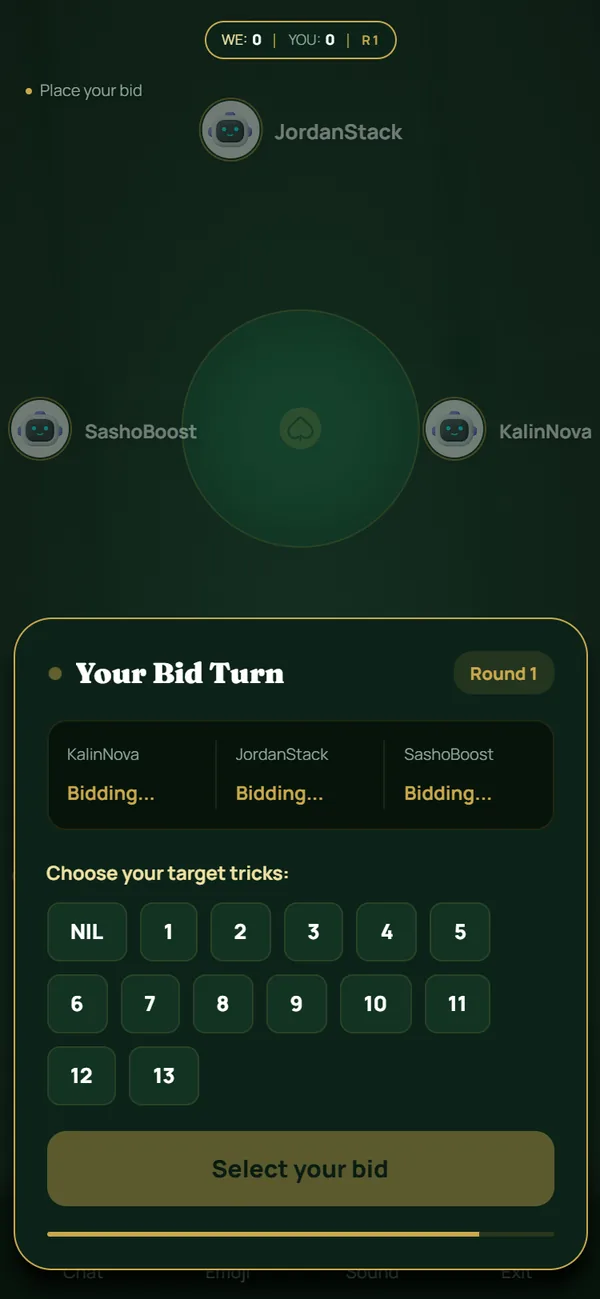 Spades — Choose your bid before the Spades hand begins.