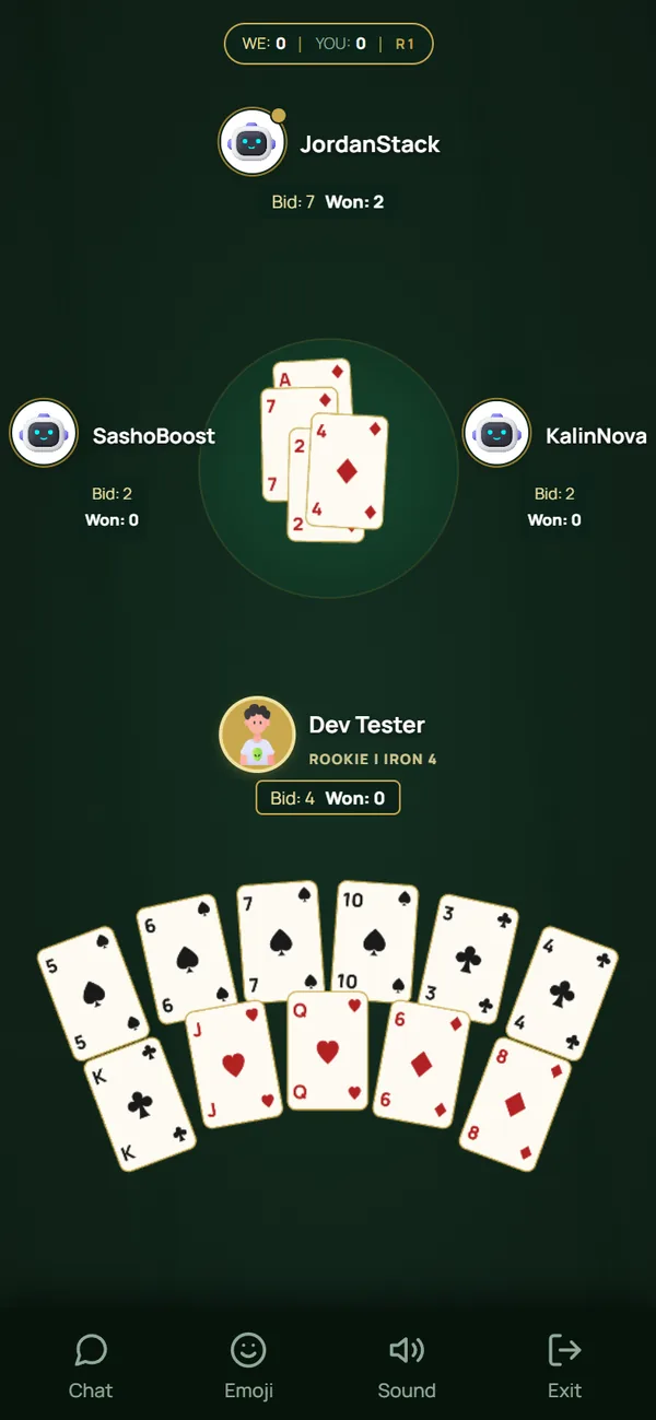 Spades — A four-player trick with bids and tricks won visible.